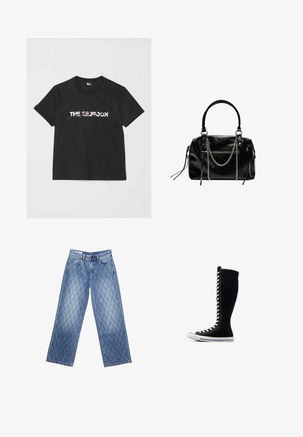 Černé bavlněné tričko s krátkým rukávem, na přední straně se tiskne bílý a šedý design "THE 2LOOK". Klasický kulatý výstřih.; Džíny s širokými nohavicemi v světle modré barvě s prošívaným diamantovým vzorem, s pěti kapsami a zapínáním na knoflík v pase.; Černé vysoké tenisky s vysokým designem, vyrobené z plátna. Mají bílé šňůrky, švy a gumovou podrážku s ochranným krytem na špičce.; Bershka WITH CHAIN - Kabelka - black