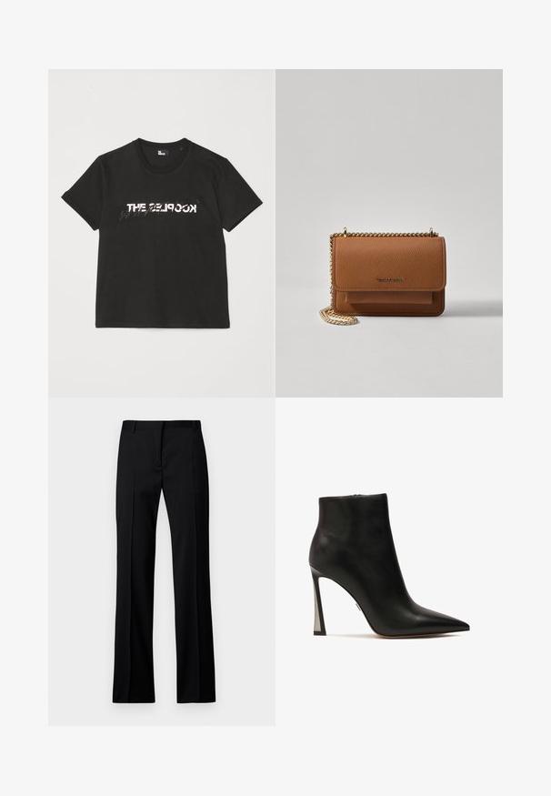 Must mustriba t-särk lühikeste varrukatega, mille ees on valge ja hall "THE 2LOOK" disain. Klassikaline ümmargune kaelus.; Mustad sirgedestikuga püksid sileda materjaliga, millel on lame eesmine osa, vöörihmade aasad ning nähtamatud taskud või dekoratiivsed elemendid.; Kazar VERA - Klassikalised kontsakingad - black; Pruun tekstureeritud nahk ristkeha kott kuldse ahelaga rihmaga ja klapiga sulgemine. Esiküljel on logo detail ja tasku klapi all.