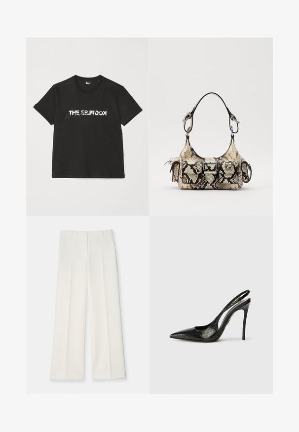 Zwarte katoenen t-shirt met korte mouwen, met een bedrukte witte en grijze "THE 2LOOK"-ontwerp over de voorkant. Klassieke ronde hals.; Wijd geplooide broek van licht crèmekleurige stof, met een gladde textuur, voorkeursplooien en twee zijkanten. Op maat gemaakte tailleband.; Zwarte slingback pump met een spitse neus, textuur met een slangpatroon, stiletto hak en een decoratieve gesp op de band.; Python-print handtas in beige en zwart, met een gestructureerde vorm, gespdetail en dubbele schouderbanden. Gestructureerd oppervlak.