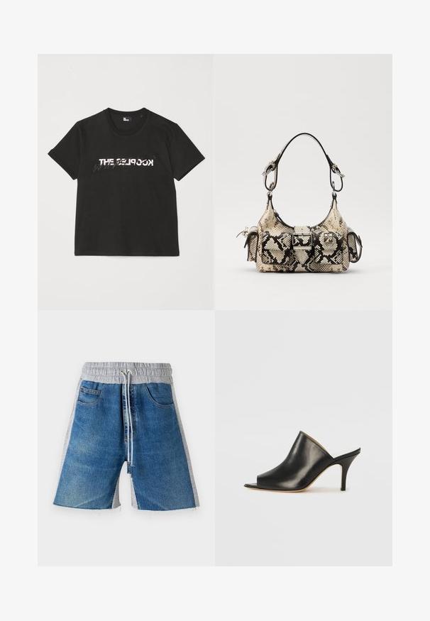 Black cotton t-shirt with short sleeves, featuring a printed white and gray "THE 2LOOK" design across the front. Classic crew neck.; Denim shorts with a grey elastic waistband, featuring a drawstring. The design includes side pockets and a color-blocked appearance.; Black leather open-toe mule with a sleek, curved design, high stiletto heel, and smooth texture. The interior features a contrasting light color.; Python-print handbag in beige and black, featuring a structured shape, buckle detail, and dual shoulder straps. Textured surface.