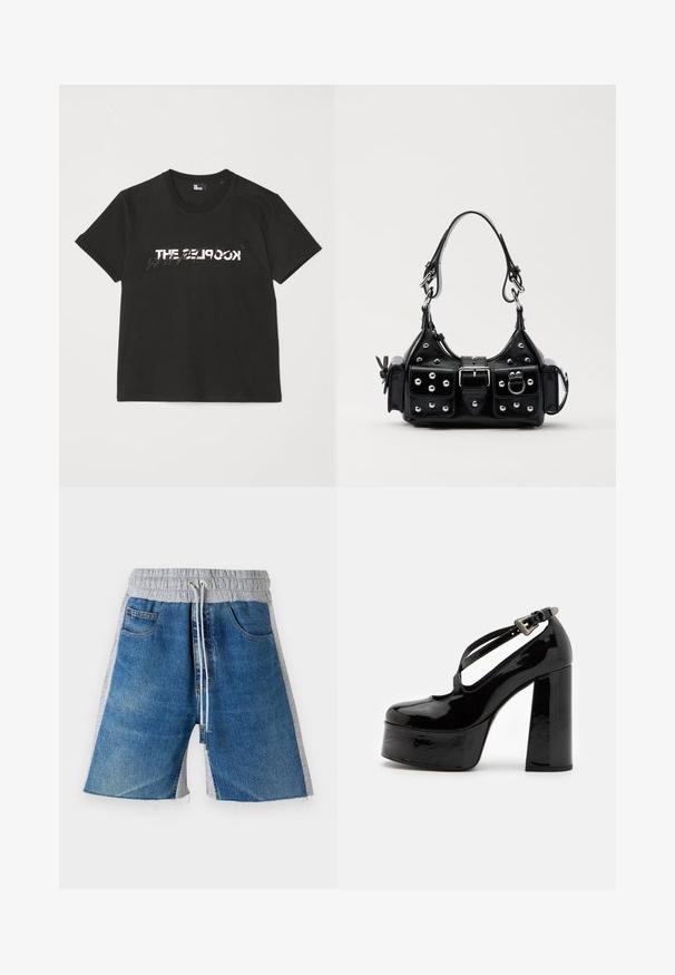 Sort bomulds t-shirt med korte ærmer, der har et trykt hvidt og gråt "THE 2LOOK" design over forsiden. Klassisk crew neck.; Denim shorts med en grå elastisk talje, der har en snor. Designet inkluderer sidelommer og en farveblokeret udseende.; The Kooples CHAUSSURES - Højhælede pumps - black; Sort læderhåndtaske med et buet design, prydet med sølvfarvede nitter, en spænde og to sidelommer. Justerbar rem til forskellige bære muligheder.
