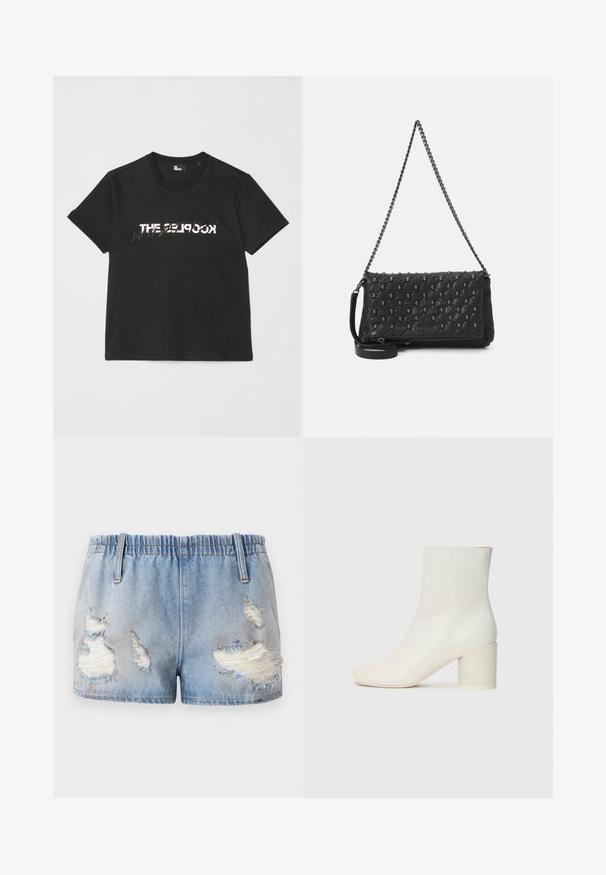 Juodas medvilninis marškinėliai trumpomis rankovėmis, su spausdintu baltu ir pilku „THE 2LOOK“ dizainu priekyje. Klasikinis apvalus iškirpimas.; Šviesiai mėlyni džinsiniai šortai su elastinga juosta. Yra suplėšytų vietų su sušipusiais kraštais ir skirtingo dydžio plyšiais.; Baltos odinės kulkšninių botai su suapvalintu pirštu ir masyviais cilindriniais kulnais. Lygus paviršius, minimalus dizainas, be matomų elementų ar raštų.; Juodas apklijuotas odinis krepšys su grandinės dirželiu, papuoštas kaukolės akcentais ir užtrauktuku. Strukturizuotas paviršius su blizgiu apdailu.