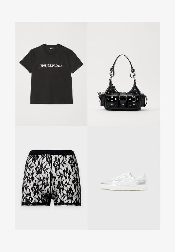 Black cotton t-shirt with short sleeves, featuring a printed white and gray "THE 2LOOK" design across the front. Classic crew neck.; Black lace shorts with a floral pattern and contrasting solid black waistband. Transparent design with soft texture, mid-thigh length.; White sneakers with metallic silver accents, smooth texture, round toe, flat sole, and traditional lace-up design.; Black leather handbag with a curved design, featuring silver studs, a buckle, and two side pockets. Adjustable strap for carrying options.