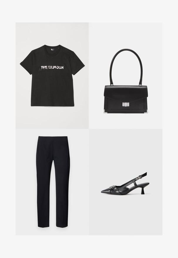 Black cotton t-shirt with short sleeves, featuring a printed white and gray "THE 2LOOK" design across the front. Classic crew neck.; Black tailored pants with a slim fit, featuring a smooth texture and a flat front design. No visible pockets or hardware details.; Black leather slingback shoe with a pointed toe, decorative straps featuring metal eyelets, and a low block heel. Textured surface.; Black leather handbag with a structured design, a top handle, and a silver clasp. Features corner accents and smooth texture.