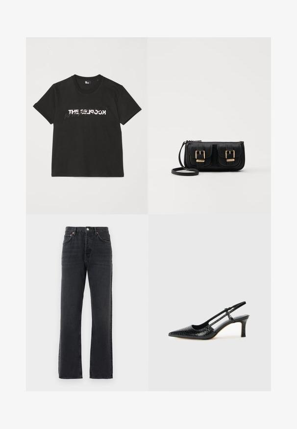 T-shirt de algodão preto com mangas curtas, apresentando um design impresso em branco e cinza "THE 2LOOK" na parte da frente. Gola redonda clássica.; Jeans de denim pretos de perna reta, com cinco bolsos, fecho de botão e passadores de cinto, exibidos contra um fundo branco.; Salto slingback em patente preta com bico apontado, apresentando um padrão de pele de cobra texturizado, tira ajustável e um salto bloco curto e texturizado.; Bolsa de ombro em couro preto com dois bolsos frontais, fivelas douradas, fecho de zíper e uma alça fina. Superfície texturizada e forma retangular compacta.