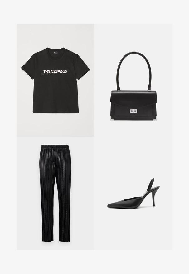 Black cotton t-shirt with short sleeves, featuring a printed white and gray "THE 2LOOK" design across the front. Classic crew neck.; Black pleated trousers made of leather with an elastic waistband and straight-leg cut, featuring vertical grooves for texture.; Black slingback heeled shoes with a pointed toe, smooth leather material, and a sleek, minimalistic design. High stiletto heel.; Black leather handbag with a structured design, a top handle, and a silver clasp. Features corner accents and smooth texture.