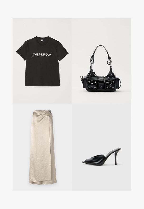 Camiseta de algodón negra de manga corta, con un diseño impreso en blanco y gris que dice "THE 2LOOK" en el frente. Cuello redondo clásico.; Larga falda beige confeccionada en un tejido brillante y texturizado. Presenta un diseño envolvente con un lazo lateral decorativo y un dobladillo limpio.; Zuecos de tacón alto de cuero negro con punta abierta, diseño puntiagudo, textura suave y un delgado tacón de aguja.; Bolso de mano de cuero negro con un diseño curvado, que cuenta con tachuelas plateadas, una hebilla y dos bolsillos laterales. Correa ajustable para opciones de transporte.