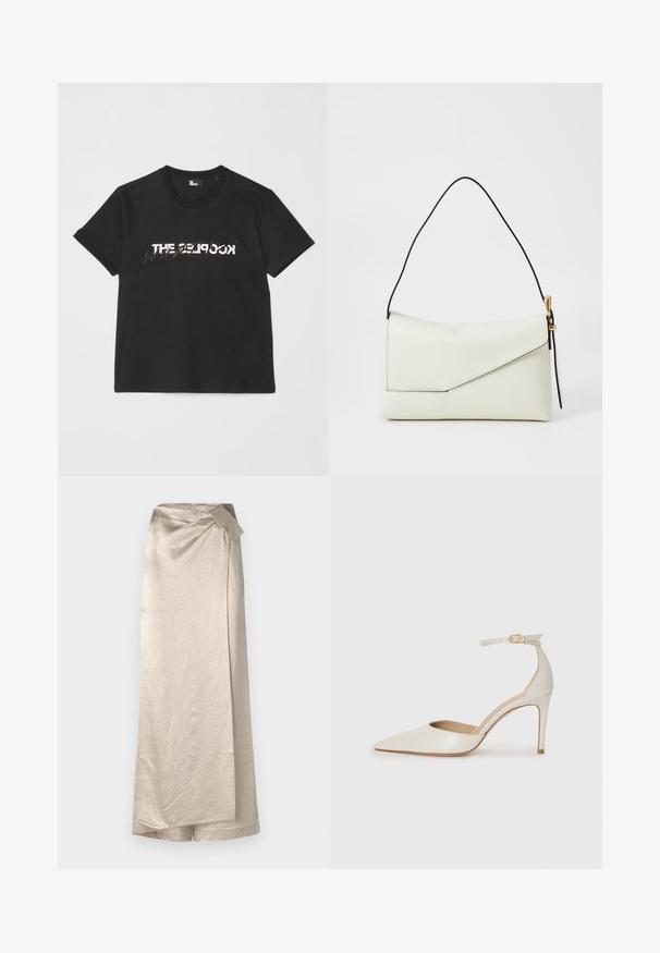 Fekete pamut póló rövid ujjakkal, elöl fehér és szürke "THE 2LOOK" felirattal. Klasszikus kerek nyakkivágás.; Hosszú, bézs szoknya fényes, texturált anyagból. Átlapolt dizájnnal rendelkezik, oldalsó masni díszítéssel és letisztult szegéllyel.; Fehér bőr, magassarkú cipő hegyes orral, bokapánttal és vékony tűs sarkal. Simaszövet, finom fényes felülettel.; Fehér bőr kézitáska háromszög alakú fedélzárral, fekete pánttal, aranyszínű fém kiegészítőkkel, és sima textúrával.