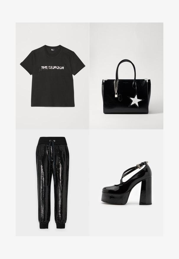 T-shirt en coton noir à manches courtes, avec un motif imprimé blanc et gris "THE 2LOOK" sur le devant. Encolure ras du cou classique.; Jogging en sequins noirs avec une taille élastique. Présente un cordon de serrage et des poignets resserrés à la cheville. Texture lisse avec une finition brillante.; The Kooples CHAUSSURES - Escarpins à talons hauts - black; Sac à main en cuir verni noir avec une forme épurée. Il dispose de quincailleries en chaîne argentée, d'un verrou et d'un accent en étoile blanche sur le côté.