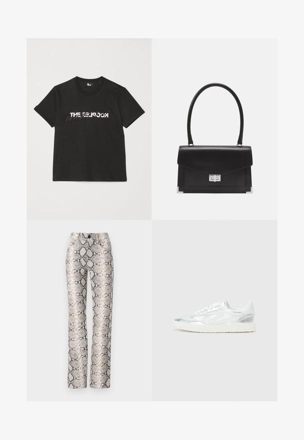 Black cotton t-shirt with short sleeves, featuring a printed white and gray "THE 2LOOK" design across the front. Classic crew neck.; Snake-print trousers in a beige and gray color scheme. Straight-leg design with a textured finish and front pockets. Features a button closure.; White sneakers with metallic silver accents, smooth texture, round toe, flat sole, and traditional lace-up design.; Black leather handbag with a structured design, a top handle, and a silver clasp. Features corner accents and smooth texture.