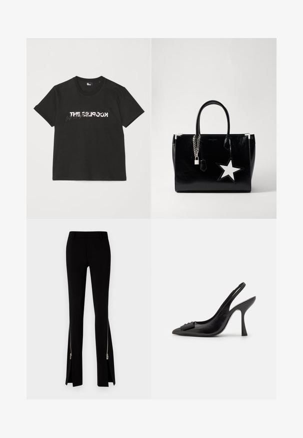 Sort bomulds t-shirt med korte ærmer, der har et trykt hvidt og gråt "THE 2LOOK" design over forsiden. Klassisk crew neck.; DSQUARED2 ICON TRUMPET PANT - Bukser - black; Sorte lædersandal med spids tå, slank høj hæl og dekorativ sløjfeaccent. Glat tekstur og strømlinet design.; Sort patenteret læderhåndtaske med en slank form. Har sølv kæde hardware, en lås og en hvid stjerne accent på siden.