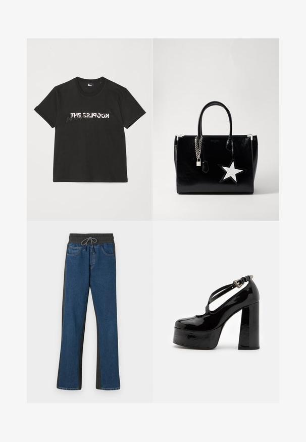 Zwarte katoenen t-shirt met korte mouwen, met een bedrukte witte en grijze "THE 2LOOK"-ontwerp over de voorkant. Klassieke ronde hals.; Denim joggings met een blauwe voorkant, grijze zijpanelen, een elastische tailleband met trekkoord en een klassieke vijf-pocketstijl.; The Kooples CHAUSSURES - Hoge hakken - black; Zwarte lakleren handtas met een slanke vorm. Voorzien van zilveren kettinghardware, een slot en een witte steraccent aan de zijkant.