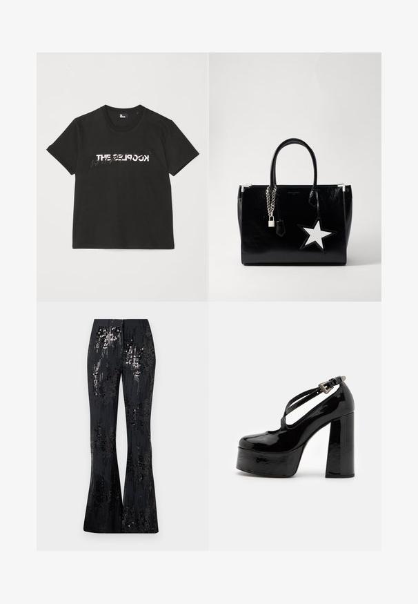 Zwarte katoenen t-shirt met korte mouwen, met een bedrukte witte en grijze "THE 2LOOK"-ontwerp over de voorkant. Klassieke ronde hals.; The Kooples PANTALON SEUL - Broek - black; The Kooples CHAUSSURES - Hoge hakken - black; Zwarte lakleren handtas met een slanke vorm. Voorzien van zilveren kettinghardware, een slot en een witte steraccent aan de zijkant.