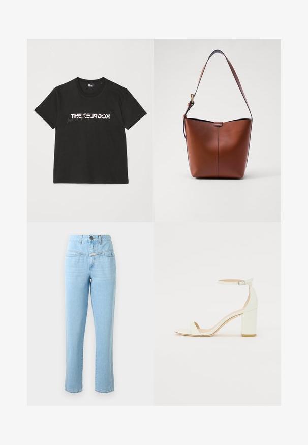 Čierne bavlnené tričko s krátkymi rukávmi, na prednej strane so potlačou bieleho a šedého dizajnu "THE 2LOOK". Klasický okrúhly výstrih.; Svetlo modré vysoké džínsy s prednými vreckami, zapínaním na gombík a zips a rovnými nohavicami.; Biele kožené sandále na blokovom podpätku s remienkom okolo členku a minimalistickým dizajnom. Otvorená špička a hladké textúry po celom povrchu.; Hnedá kožená taška cez rameno s zakriveným tvarom, hladkou textúrou a jedným tenkým popruhom. Obsahuje jemný šev a malý logo detail.