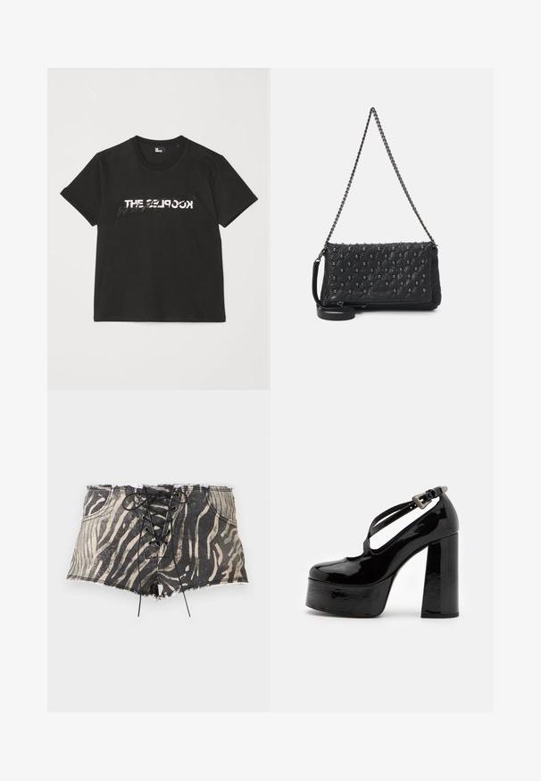Črna bombažna majica s kratkimi rokavi, z belim in sivim natisnjenim dizajnom "THE 2LOOK" na sprednji strani. Klasičen kroj z okroglim izrezom.; Denim kratke hlače s črno-bež zebrovim vzorcem, ki imajo čipkast sprednji del, strgano rob in žepe na obeh straneh.; The Kooples CHAUSSURES - Visoke pete - black; Črna prešita usnjena torba s verižnim trakom, ki vključuje dodatke v obliki lobanj in zadrgo. Teksturirana površina z sijočim zaključkom.