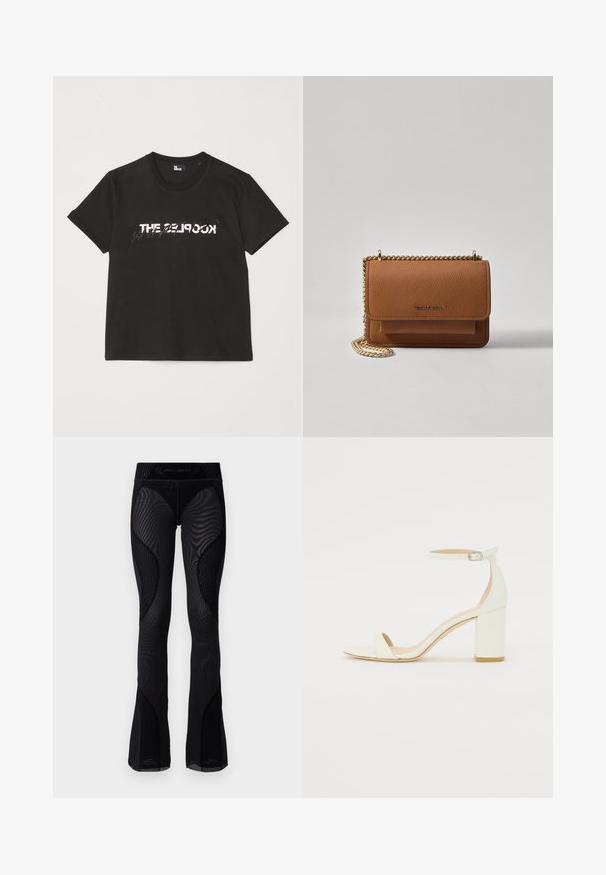 Melnas kokvilnas T-krekls ar īsām piedurknēm, kuram priekšpusē ir printēts balts un pelēks dizains "THE 2LOOK". Klasisks apaļais kakls.; Melna acs flared leggingi ar teksturētu detaļu un rakstainiem ieliktņiem. Iekļauj augstu jostasvietu ar zīmola logo augšdaļā.; Balts ādas blokpārklājs ar siksniņu ap potīti, kurai ir sprādze un minimālistisks dizains. Atvērta purna un gludas virsmas visā apavā.; Brūna teksturēta ādas plecu soma ar zelta ķēdes siksnu un atloka aizdari. Priekšpusē ir logotipa detaļa un kabata zem atloka.