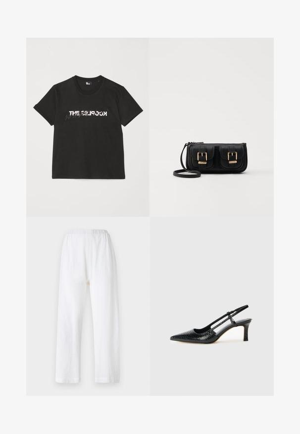 Schwarzes Baumwoll-T-Shirt mit kurzen Ärmeln, das ein gedrucktes weißes und graues "THE 2LOOK"-Design auf der Vorderseite zeigt. Klassischer Rundhalsausschnitt.; Weiße, lockere Hosen mit einem elastischen Bund, hergestellt aus strukturiertem Stoff. Gerades Bein Design mit einfachen gesäumten Säumen.; Schwarze Lack-Slingback-Pumps mit spitzem Zehenbereich, versehen mit strukturiertem Schlangenprint, verstellbarem Riemen und einem kurzen, strukturierten Blockabsatz.; Schwarze Leder-Umhängetasche mit zwei vorderen Taschen, goldenen Schnallen, Reißverschluss und einem schmalen Tragegurt. Texturierte Oberfläche und kompakte rechteckige Form.