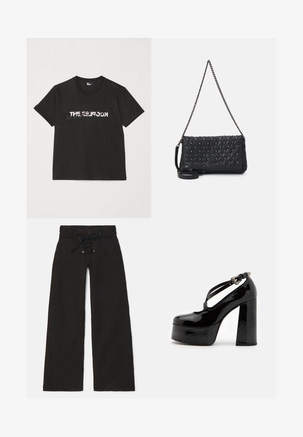 Schwarzes Baumwoll-T-Shirt mit kurzen Ärmeln, das ein gedrucktes weißes und graues "THE 2LOOK"-Design auf der Vorderseite zeigt. Klassischer Rundhalsausschnitt.; Schwarze weite Hosen mit hohem Bund, ausgestattet mit einer Schnürung an der Vorderseite und einem Druckknopf. Aus Denim mit glatter Textur.; The Kooples CHAUSSURES - High Heel Pumps - black; Schwarze, gesteppte Lederhandtasche mit einer Kettenriemen, die mit Totenkopf-Akzenten und einem Reißverschluss versehen ist. Strukturiert Oberfläche mit einem glänzenden Finish.