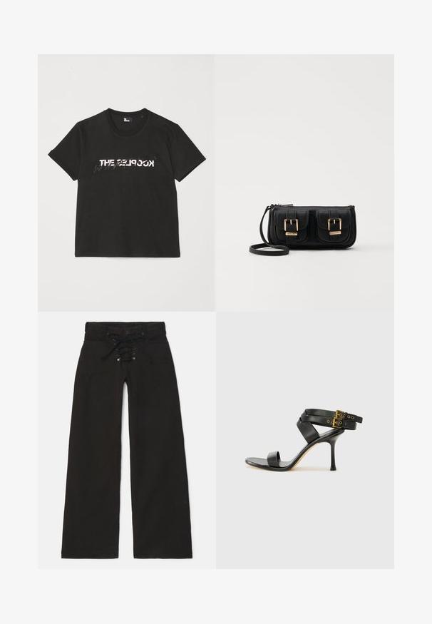 Juodas medvilninis marškinėliai trumpomis rankovėmis, su spausdintu baltu ir pilku „THE 2LOOK“ dizainu priekyje. Klasikinis apvalus iškirpimas.; Juodos plačių kojų kelnės su aukštu liemeniu, su raišteliu priekyje ir užsegimu mygtuku. Pagamintos iš džinsinio audinio, su lygia tekstūra.; Juodi kulniškų sandalai su kryžminėmis juostelėmis ir reguliuojamu sagtimi. Ypatybė – lygus paviršius ir siauras smailas kulnas.; Juodas odinis per petį nešiojamas krepšys su dviem priekiniais kišenėmis, auksiniais sagtimis, užtrauktuko uždarymu ir siauromis petnešomis. Textūruota paviršius ir kompaktiškas stačiakampis formatas.