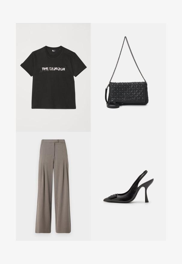 Must mustriba t-särk lühikeste varrukatega, mille ees on valge ja hall "THE 2LOOK" disain. Klassikaline ümmargune kaelus.; Laiad püksid heleses pruunis kangas, millel on voldid, sirge esiosa ja puhas ääreline. Sile tekstuur, millel on peen sära.; Must musta slingback kingad terava ninaga, kitsas kõrge kontsaga ja dekoratiivse lipsu aktsendiga. Sile tekstuur ja voolav disain.; Must mustriga nahkrahakott ketistriapi ja luustikute aksessuaaridega, mis sisaldab tõmblukku. Tekstureeritud pind läikiva viimistlusega.