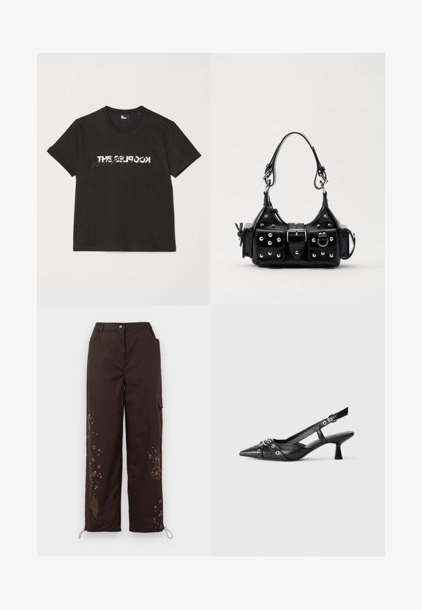 Zwarte katoenen t-shirt met korte mouwen, met een bedrukte witte en grijze "THE 2LOOK"-ontwerp over de voorkant. Klassieke ronde hals.; Bruine wijde broek met geborduurde sterren- en visontwerpen. Heeft een elastische tailleband, twee zijzakken en verstelbare enkeltouwen.; Zwarte leren slingback schoen met een puntige neus, decoratieve banden met metalen oogjes en een lage blokhak. Textuur oppervlak.; Zwarte lederen handtas met een gebogen ontwerp, voorzien van zilveren studs, een gesp en twee zijvakken. Verstelbare schouderband voor verschillende draagmogelijkheden.