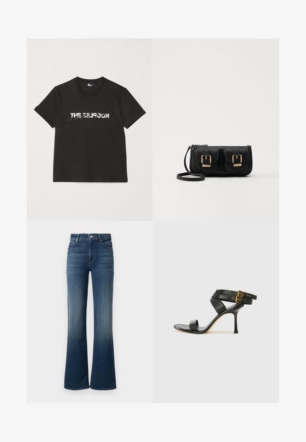 Must mustriba t-särk lühikeste varrukatega, mille ees on valge ja hall "THE 2LOOK" disain. Klassikaline ümmargune kaelus.; Mother THE KICK IT - Sirgete säärtega teksad - dark blue; Mustad mustand koos ristatud rihmade ja reguleeritava pandlaga. Omab siledat tekstuuri ja kitsenevat stiletto kontsa.; Must küllastamata nahast õlakott, millel on kaks esist nähtavat taskut, kuldsed pandlad, tõmblukuga sulgemine ja peen rihm. Tekstuuriga pind ja kompaktne ristkülikukujuline kuju.