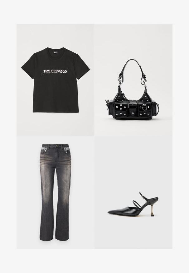 Fekete pamut póló rövid ujjakkal, elöl fehér és szürke "THE 2LOOK" felirattal. Klasszikus kerek nyakkivágás.; Fekete farmernadrág egyenes lábbal, csipkebetéttel a zsebeknél és enyhe kopással. A hardver fémgombból és szegecsekből áll.; Fekete bőr, hegyes orrú, pántos szandál, két állítható pánttal és fémből készült sarokkal. Simas texture és minimalista dizájn jellemzi.; Fekete bőr kézitáska ívelt designnal, ezüst szegecsekkel, csattal és két oldalsó zsebbel. Állítható vállpánt a hordozási lehetőségekhez.