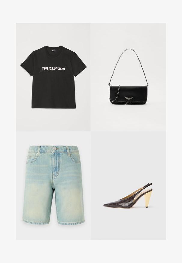 Čierne bavlnené tričko s krátkymi rukávmi, na prednej strane so potlačou bieleho a šedého dizajnu "THE 2LOOK". Klasický okrúhly výstrih.; Svetlomodré džínsy s vyblednutým povrchom, s dizajnom piatich vreciek, viditeľným šitím a kovovým zapínaním na páse.; Sandal s pointer špičkou a elastickým pásikom na päte v tmavohnedej lesklej imitácii krokodílej kože. Obsahuje zlatý geometrický podpätok a nastaviteľný pásik na členku.; Čierna kožená kabelka so strieborným reťazovým popruhom, so zdobnými krídelnými akcentmi a bielym prešívaním pozdĺž dolného švu.