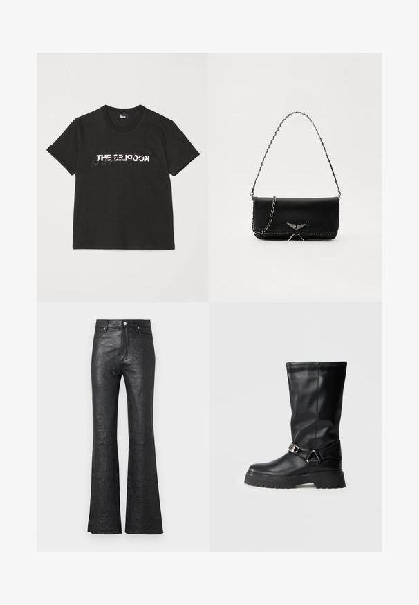 Čierne bavlnené tričko s krátkymi rukávmi, na prednej strane so potlačou bieleho a šedého dizajnu "THE 2LOOK". Klasický okrúhly výstrih.; Čierne kožené rozšírené nohavice s krčenou textúrou, vysokým pásom, prednými vreckami a klasickým zapínaním na gombík so zipsom.; Čierne vyššie čižmy z hladkej kože, s detailom prackou na boku a hrubou, textúrovanou podrážkou pre lepšiu priľnavosť.; Čierna kožená kabelka so strieborným reťazovým popruhom, so zdobnými krídelnými akcentmi a bielym prešívaním pozdĺž dolného švu.