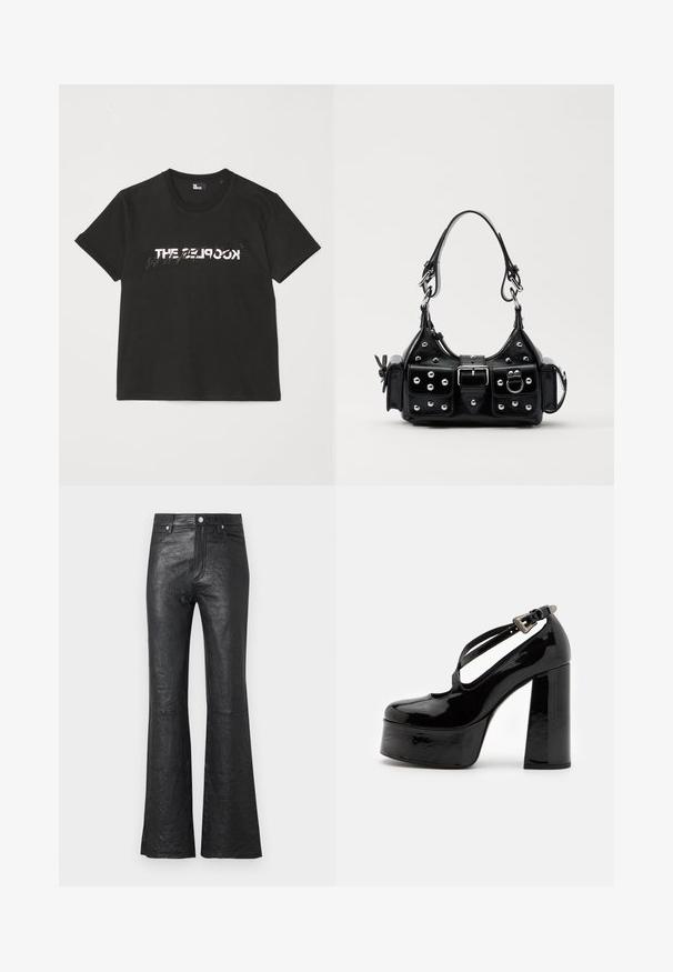 Zwarte katoenen t-shirt met korte mouwen, met een bedrukte witte en grijze "THE 2LOOK"-ontwerp over de voorkant. Klassieke ronde hals.; Zwarte leren flared broek met een gekreukt textuur, hoge taille, zijzakken en een klassieke knoopsluiting met ritssluiting.; The Kooples CHAUSSURES - Hoge hakken - black; Zwarte lederen handtas met een gebogen ontwerp, voorzien van zilveren studs, een gesp en twee zijvakken. Verstelbare schouderband voor verschillende draagmogelijkheden.