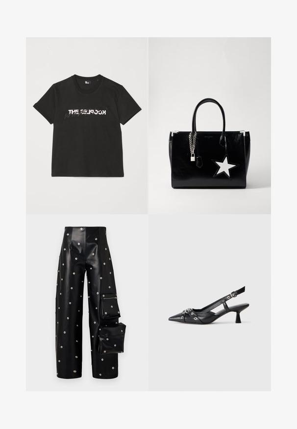 Schwarzes Baumwoll-T-Shirt mit kurzen Ärmeln, das ein gedrucktes weißes und graues "THE 2LOOK"-Design auf der Vorderseite zeigt. Klassischer Rundhalsausschnitt.; A.W.A.K.E. MODE COVERED TROUSER WITH SNAP ON POCKETS - Stoffhose - black; Schwarzer Leder-Slingback-Schuh mit spitz zulaufender Zehenpartie, dekorativen Riemen mit METALLÖSEN und niedrigem Blockabsatz. Strukturelle Oberfläche.; Schwarze Handtasche aus lackiertem Leder mit eleganter Form. Mit silberner Kettenhardware, einem Schloss und einem weißen Sternelement an der Seite.