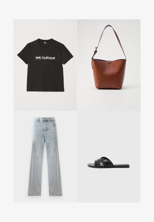 Musta puuvillapaita lyhyillä hihoilla, jossa on edessä painettu valkoinen ja harmaa "THE 2LOOK" -design. Klassinen pyöreä kaula-aukko.; Vaaleansiniset farkut, joissa on korkea vyötärö, leveä lahje, perinteinen viisi-taskumalli ja hienovaraiset kulutusefektit.; Musta liukusandaalit, joissa on sileä nahkapinta, ristitaskut ja leikkuuyksityiskohdat, sekä litteät, joustavat pohjat.; Kahvinahkainen olkalaukku, jossa on kaareva muoto, sileä pinta ja yksi ohut hihna. Sisältää hienovaraisen sauman ja pienen logotarkin.