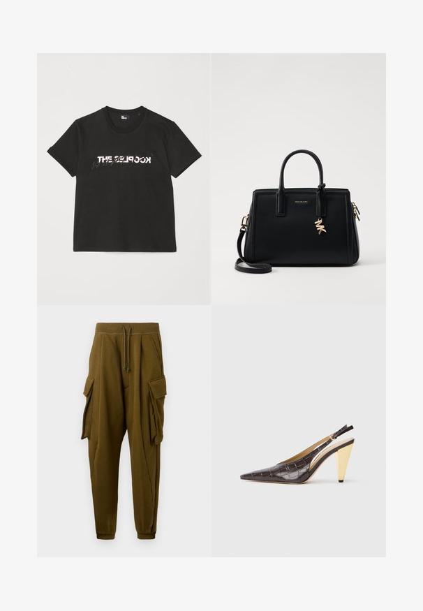 Črna bombažna majica s kratkimi rokavi, z belim in sivim natisnjenim dizajnom "THE 2LOOK" na sprednji strani. Klasičen kroj z okroglim izrezom.; Olivno zeleni trenirke z vrvico v pasu, dve veliki cargo žep z poklopcem na vsakem boku in manšete na gležnjih.; Slingback peto s koničastim nosom, v temno rjavi sijoči umetni krokodilji usnjeni različici. Ima zlate geometrijske pete in nastavljiv ankel trak.; Črna usnjena torbica s strukturirano zasnovo, dvema zgornjima ročajema, odstranjevanim naramnim trakom, zlatim okovjem in dodatkom z logotipom.