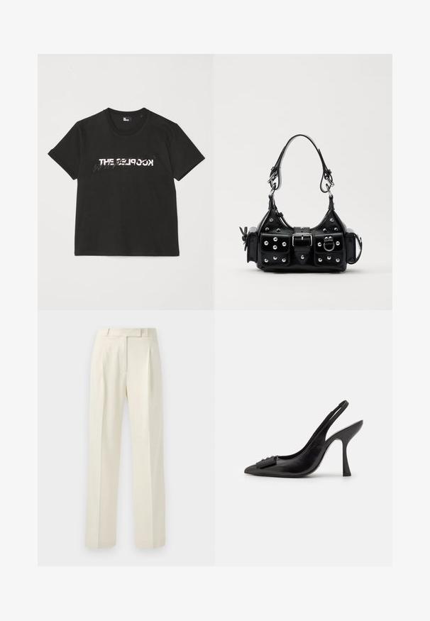Crna pamučna majica s kratkim rukavima, s printanim bijelim i sivim dizajnom "THE 2LOOK" na prednjem dijelu. Klasičan okrugli izrez.; Hlače krem boje s krojem koji ističe obrise, s ravnim prednjim dijelom, pliseima i ravnim nogavicama, izrađene od mekane, teksturirane tkanine.; Crna kožna slingback cipela s uskim vrhom, vitkim visokom petom i dekorativnom mašnom. Glatka tekstura i elegantan dizajn.; Crna kožna torba s zakrivljenim dizajnom, koja sadrži srebrne zakovice, kopču i dva bočna džepa. Podesiva traka za različite opcije nošenja.