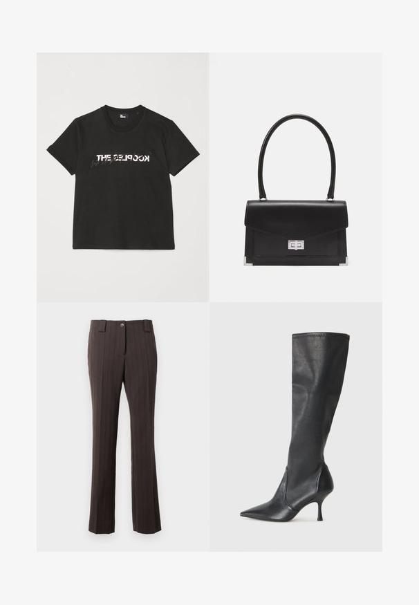 Juodas medvilninis marškinėliai trumpomis rankovėmis, su spausdintu baltu ir pilku „THE 2LOOK“ dizainu priekyje. Klasikinis apvalus iškirpimas.; Rudos dryžuoti kelnės su prigludusia forma, turinčios sagčių užsegimą priekyje ir tiesią kojų iškirpimą. Lygi audinio tekstūra.; Juodų odinių batų iki kelių su smailiu pirštu ir plonu stiletto kulnu. Lygus paviršius, pritaikytas dizainas ir siuvimas viršutiniame krašte.; Juodas odinis rankinės modelis su struktūrizuota forma, viršutine rankena ir sidabriniu užsegimu. Pabrėžia kampų akcentus ir lygų paviršių.