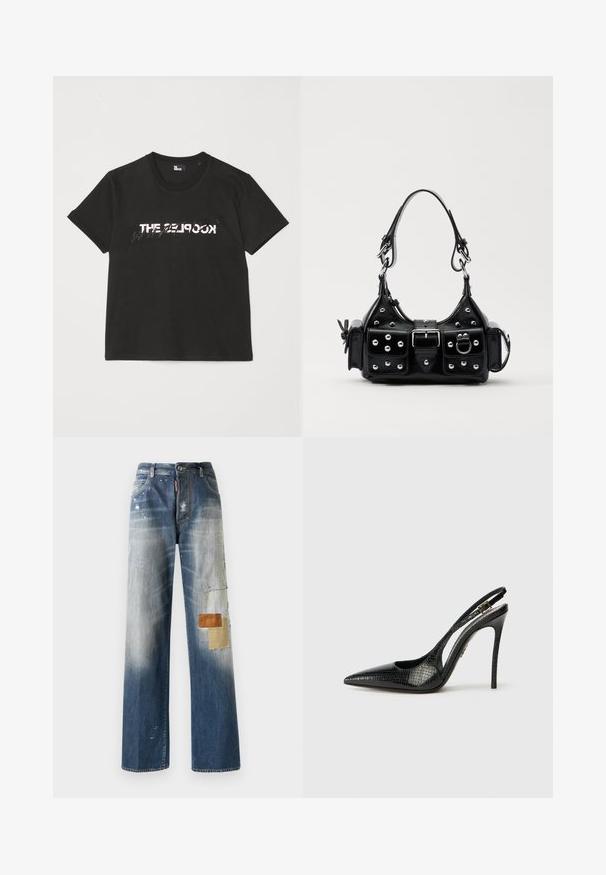 Must mustriba t-särk lühikeste varrukatega, mille ees on valge ja hall "THE 2LOOK" disain. Klassikaline ümmargune kaelus.; Sinised teksad, millel on avar lõige, pleekinud alad ja mitmesugused tekstuuriga plekid pruunis ja beežis vasakul jalal. Kerged kulumisjäljed nähtavad.; Must mustakotiga sildiga king, terava ninaga, tekstuuriga madusskaala mustriga, stilettokõrge kontsaga ja dekoratiivse pandlaga rihmal.; Must värvi nahast käekott, millel on kaarjas disain, hõbedased nupukesed, kinnitusahe ja kaks külgtaskut. Reguleeritav rihm erinevate kandmisvõimaluste jaoks.