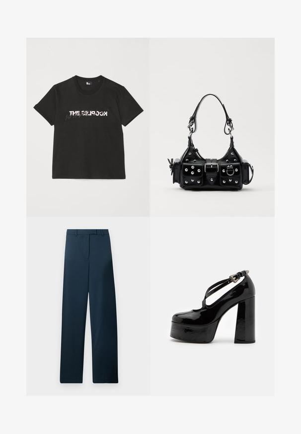 Zwarte katoenen t-shirt met korte mouwen, met een bedrukte witte en grijze "THE 2LOOK"-ontwerp over de voorkant. Klassieke ronde hals.; Marineblauwe wijde broek met een zachte textuur, een vlakke voorkant en een riemlus. Kenmerkt zich door een minimalistisch ontwerp zonder zichtbare patronen of accenten.; The Kooples CHAUSSURES - Hoge hakken - black; Zwarte lederen handtas met een gebogen ontwerp, voorzien van zilveren studs, een gesp en twee zijvakken. Verstelbare schouderband voor verschillende draagmogelijkheden.