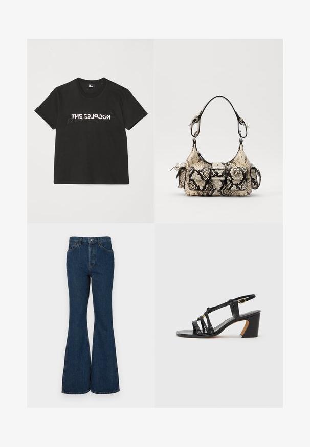 Must mustriba t-särk lühikeste varrukatega, mille ees on valge ja hall "THE 2LOOK" disain. Klassikaline ümmargune kaelus.; Tumedate sinised avarad teksad, mis on valmistatud denimist. Omab kõrget vööd, viit taskut ja kontrastset õmblust. Sile tekstuur ja puhas viimistlus.; Paul Smith AMIRA - Klassikalised kontsakingad - black; Pruuni ja musta värvi nahkjeskott, millel on struktureeritud kuju, pandla detail ja kaks õlarihma. Tekstureeritud pind.