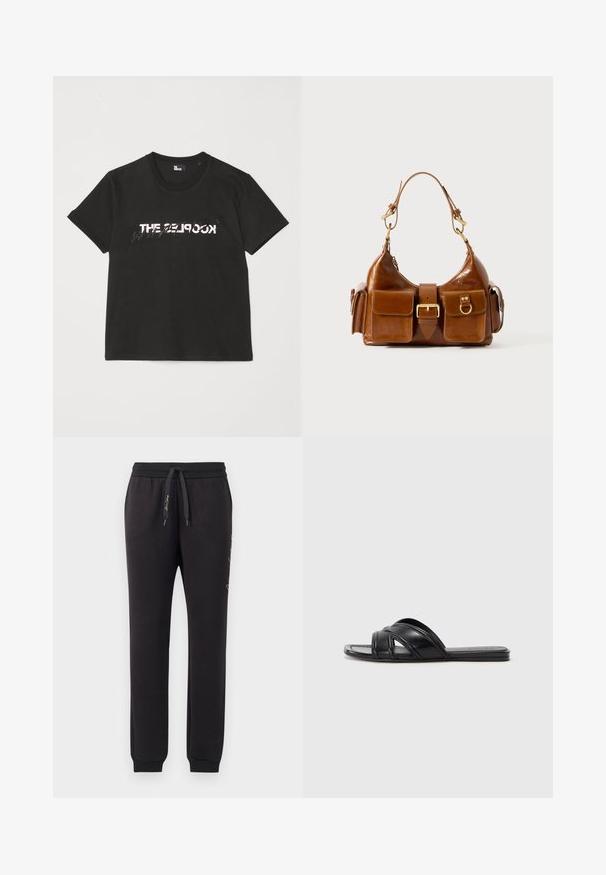 Zwarte katoenen t-shirt met korte mouwen, met een bedrukte witte en grijze "THE 2LOOK"-ontwerp over de voorkant. Klassieke ronde hals.; Zwarte joggingbroek van zacht katoen met een elastische tailleband en trekkoord. Voorzien van geribbelde boorden en geborduurde tekst op de zijkant.; Zwarte slide sandalen met een gladde leren afwerking, voorzien van kruislings straps en uitsnijdingen, en een platte, flexibele zool.; Bruine leren handtas met een gebogen vorm, dubbele gouden hardware, twee voorzakken en een brede schouderband. Soepele textuur met een elegante afwerking.