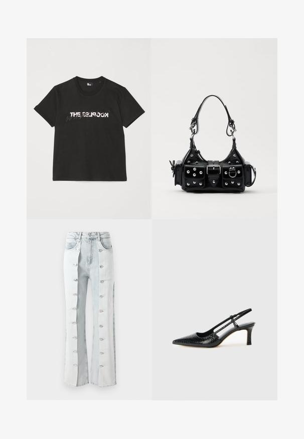 Crna pamučna majica s kratkim rukavima, s printanim bijelim i sivim dizajnom "THE 2LOOK" na prednjem dijelu. Klasičan okrugli izrez.; Svijetloplave traperice s srebrnim tipkama, koje imaju široku nogavicu i bočne panele. Tkanina ima teksturirani finiš.; Crne lakirane slingback pete s oštrim vrhom, s teksturiranim uzorkom zmijske kože, podesivom remenom i kratkom, teksturiranom blok-petom.; Crna kožna torba s zakrivljenim dizajnom, koja sadrži srebrne zakovice, kopču i dva bočna džepa. Podesiva traka za različite opcije nošenja.