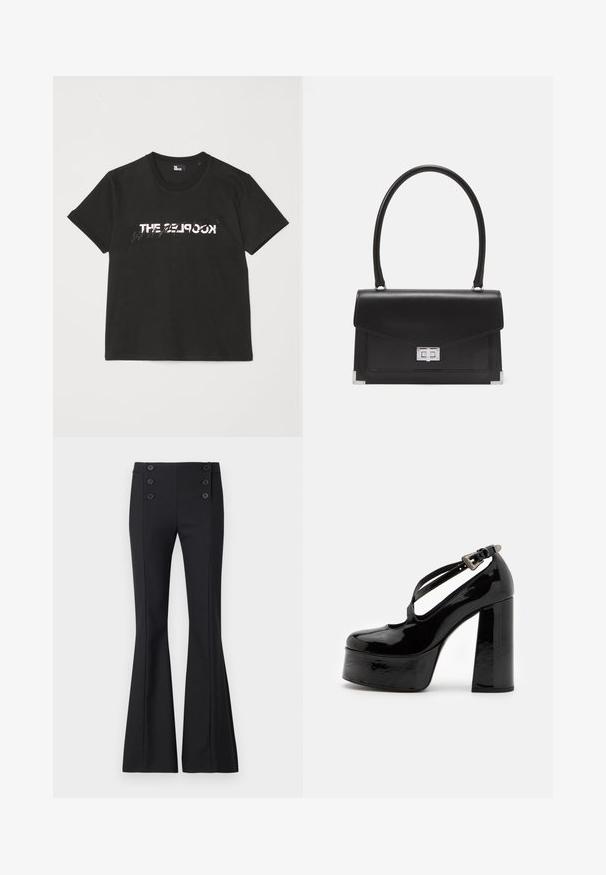Zwarte katoenen t-shirt met korte mouwen, met een bedrukte witte en grijze "THE 2LOOK"-ontwerp over de voorkant. Klassieke ronde hals.; Zwarte flared broeken van geweven stof, met een hoge taille, voornaaddetails en vier decoratieve knopen in de taille.; The Kooples CHAUSSURES - Hoge hakken - black; Zwarte leren handtas met een gestructureerd ontwerp, een bovenhandvat en een zilveren sluiting. Bevat hoekaccenten en een gladde textuur.