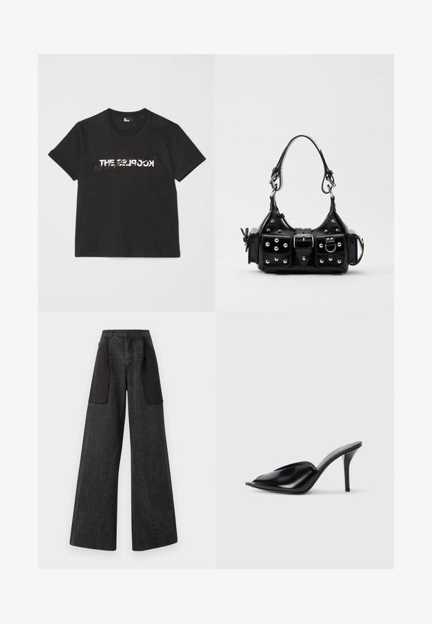 Crna pamučna majica s kratkim rukavima, s printanim bijelim i sivim dizajnom "THE 2LOOK" na prednjem dijelu. Klasičan okrugli izrez.; Hlače širokog kroja od tamnog denima s crnim platnenim panelima sa strane, s visokim strukom i vidljivim šavovima.; Crne kožne visoke mule s otvorenim prstima, šiljastim dizajnom, glatkom teksturom i uskim štiklama.; Crna kožna torba s zakrivljenim dizajnom, koja sadrži srebrne zakovice, kopču i dva bočna džepa. Podesiva traka za različite opcije nošenja.