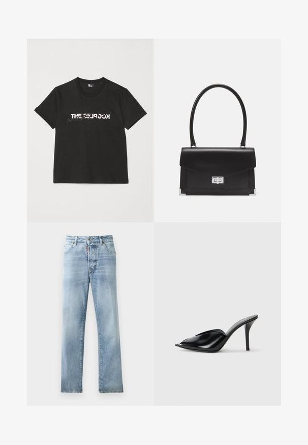 Tricou din bumbac negru, cu mâneci scurte, având un design imprimat alb și gri "THE 2LOOK" pe partea din față. Guler clasic rotund.; Jeans din denim de culoare albastru deschis, cu o croială dreaptă, design cu cinci buzunare și cusături vizibile. Prezintă un sistem de închidere cu buton la talie.; Mule-uri negre din piele cu toc înalt, cu vârf deschis, design ascuțit, textură fină și toc subțire stiletto.; Geantă de mână din piele neagră cu un design structurat, un mâner superior și o închidere din argint. Prezintă accente la colțuri și o textură netedă.