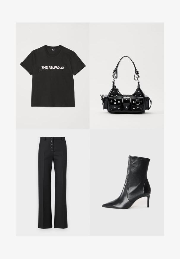 Juodas medvilninis marškinėliai trumpomis rankovėmis, su spausdintu baltu ir pilku „THE 2LOOK“ dizainu priekyje. Klasikinis apvalus iškirpimas.; The Kooples PANTALON - Kelnės - black; Juodi kulkšneliai, pagaminti iš lygaus odos, su smailiu nosiu, prigludusia ašimi ir siauru aukštu kulnu. Minimalistinis dizainas be matomų detalių.; Juodas odinis rankinukas su kreiviu dizainu, su sidabro spalvos knopkėmis, užsegimu ir dviem šoninėmis kišenėmis. Reguliuojama dirželis nešimui.