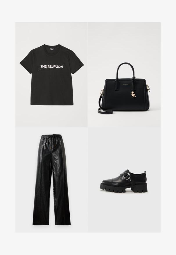 Must mustriba t-särk lühikeste varrukatega, mille ees on valge ja hall "THE 2LOOK" disain. Klassikaline ümmargune kaelus.; Mustast nahast laiade säärtega püksid elastse vöökoha, paelaga ja kuldsete detailidega. Sile tekstuur ja avar istuvus.; Mustad musta naha jalanõud, millel on jäme ribaga tallad, ringikujuline hõbedane detail ja minimaalne õmblusdetail.; Musta nahast käekott struktureeritud disainiga, kahekordsete ülemiste käepidemetega, eemaldatav õlavööt, kuldne riistvara ja logotäht aktsent.
