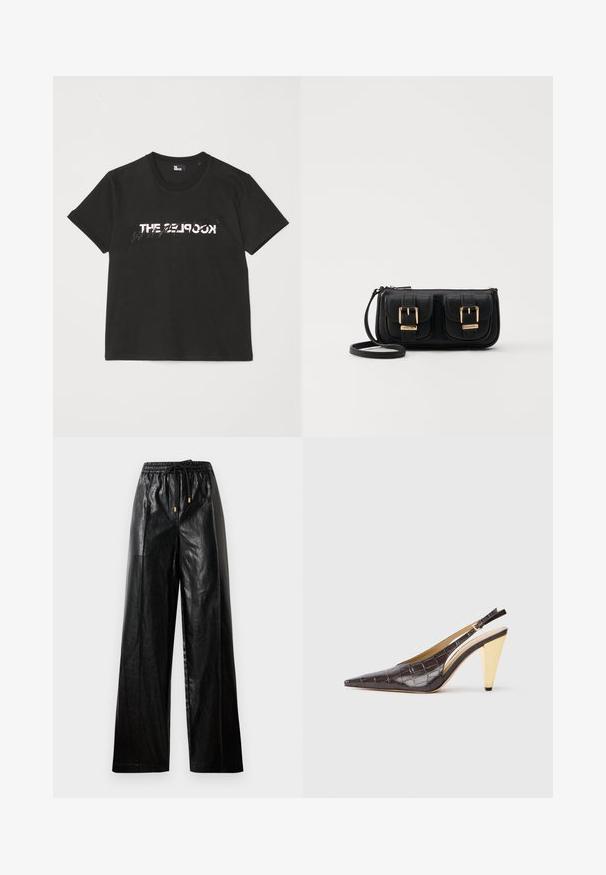Svart bomull t-skjorte med kortermet design, som har et trykt hvitt og grått "THE 2LOOK"-motiv på forsiden. Klassisk rund hals.; Sorte skinnbukser med vid benvidde, elastisk midje, snøring og gull detaljer. Glatt tekstur og løs passform.; Spenne-punktet hæl i mørkebrun, blank faux krokodillelær. Har en gullfarge geometrisk hæl og justerbar ankelstropp.; Svart skinn crossbody veske med to frontlommer, gyldne spenner, glidelåslukking og en slank stropp. Teksturert overflate og kompakt rektangulær form.