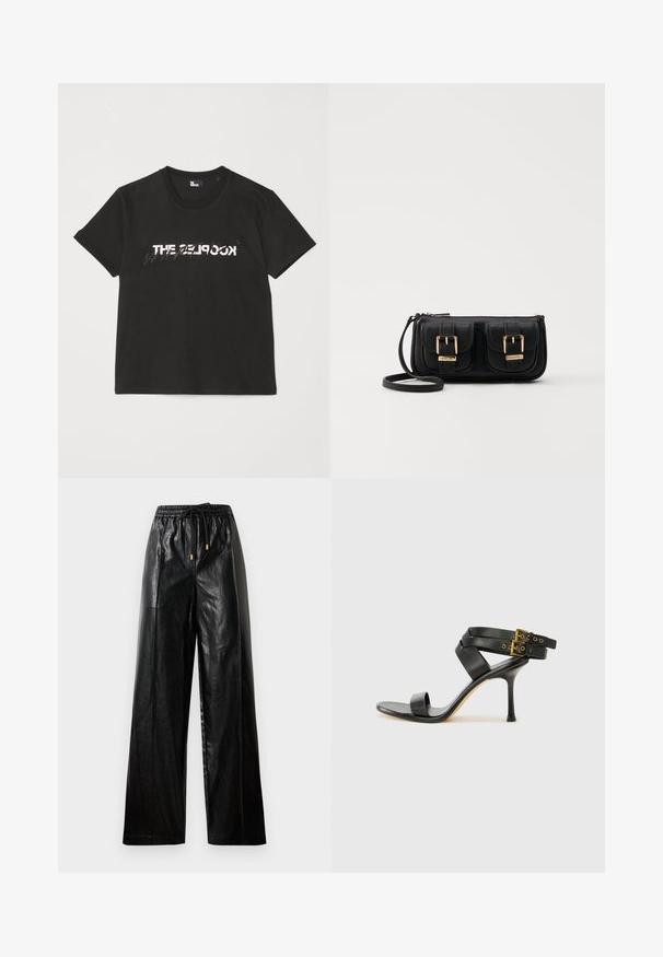 Black cotton t-shirt with short sleeves, featuring a printed white and gray "THE 2LOOK" design across the front. Classic crew neck.; Black leather wide-leg pants with an elastic waistband, drawstring, and gold hardware accents. Smooth texture and loose fit.; Black heeled sandal with crossed straps and adjustable buckle. Features a smooth texture and tapered stiletto heel.; Black leather crossbody bag with two front pockets, gold buckles, zipper closure, and a slim strap. Textured surface and compact rectangular shape.