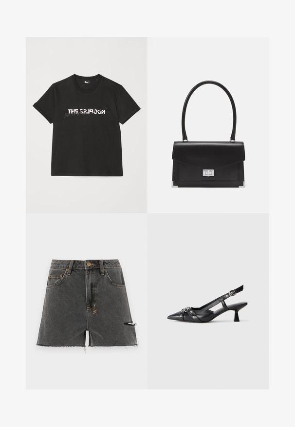 Fekete pamut póló rövid ujjakkal, elöl fehér és szürke "THE 2LOOK" felirattal. Klasszikus kerek nyakkivágás.; Sötét szürke farmer rövidnadrág, rojtos szegéllyel, kopott részletekkel és kontrasztos sárga varrással. Hagyományos zsebekkel és elülső gombbal rendelkezik.; Fekete bőr slingback cipő hegyes orral, dekoratív pántokkal, fém szemekkel és alacsony blokk sarkú. Texturált felület.; Fekete bőrtáska strukturált dizájnnal, felső fogantyúval és ezüst csattal. Sarokkiemelésekkel és sima textúrával rendelkezik.