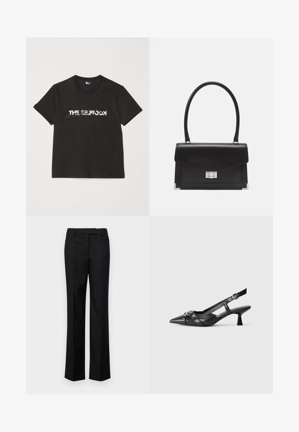 Zwarte katoenen t-shirt met korte mouwen, met een bedrukte witte en grijze "THE 2LOOK"-ontwerp over de voorkant. Klassieke ronde hals.; Zwarte op maat gemaakte broek met een rechte pijpdesign, voorzien van twee voorkruiken, een soepele stoftextuur en scherpe lijnen.; Zwarte leren slingback schoen met een puntige neus, decoratieve banden met metalen oogjes en een lage blokhak. Textuur oppervlak.; Zwarte leren handtas met een gestructureerd ontwerp, een bovenhandvat en een zilveren sluiting. Bevat hoekaccenten en een gladde textuur.