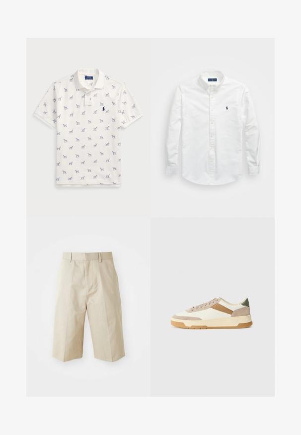 White polo shirt made of cotton, featuring a repeated blue dog pattern and a small blue logo on the chest. Short sleeves and collar.; White button-up shirt made of cotton. Features a pointed collar, long sleeves, and a small navy logo on the chest. Smooth texture.; Beige tailored shorts with a straight cut, featuring belt loops, pleated front, and a smooth cotton texture. No pockets or additional details.; Sneakers in beige, cream, and olive green, featuring suede and leather materials, a round toe, minimalistic design, and a rubber sole.
